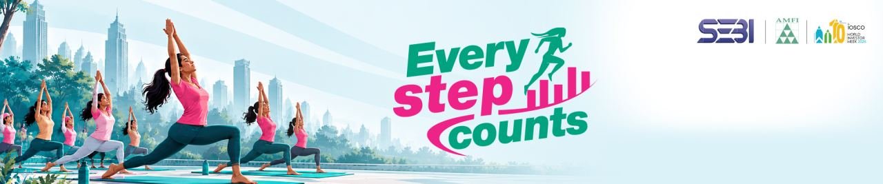Women practising yoga beside the Every Step Counts logo, with SEBI, AMFI and World Investor Week 2026 logos