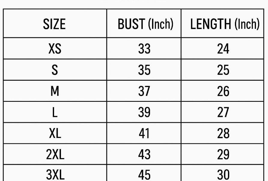 T-shirt size chart with bust and length in inches